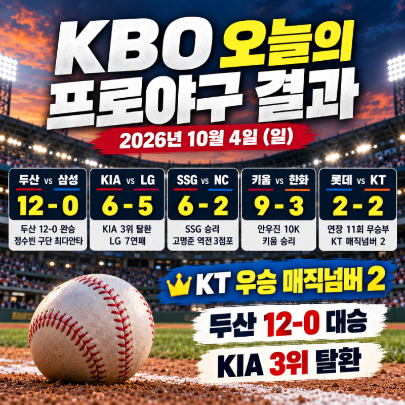 2026 KBO 10월 4일 결과｜KT 매직넘버 2·두산 12-0 대승, KIA 3위 탈환