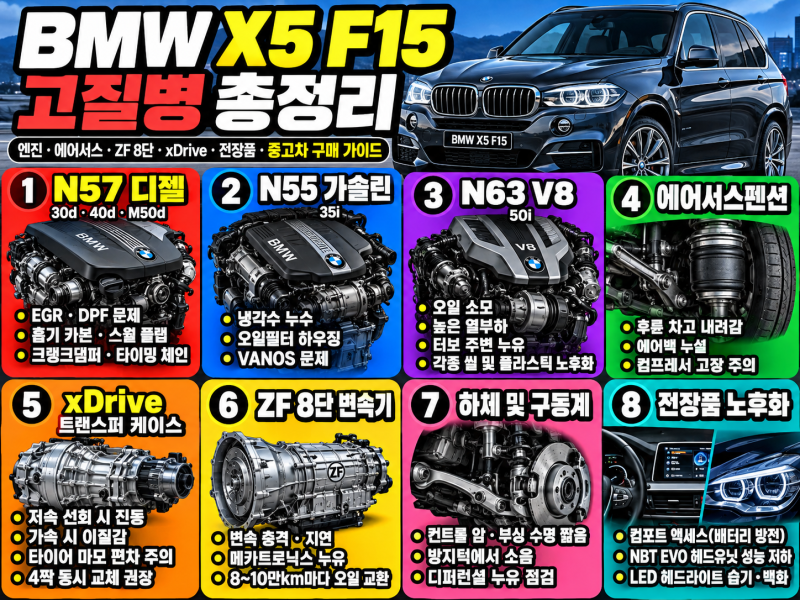 BMW X5 F15 고질병 총정리｜N57·N55·N63 엔진 결함·에어서스·ZF 8단·xDrive 내구성 및 중고차 구매 ....