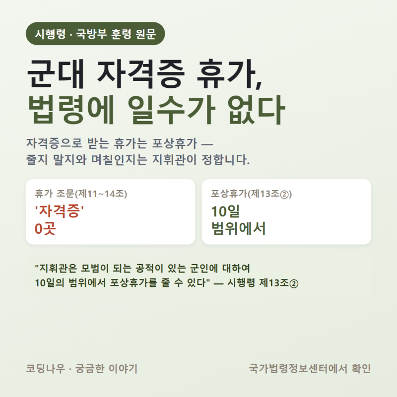 군대 자격증 휴가, 법령에 정해진 일수는 없습니다 (포상휴가 10일 범위)