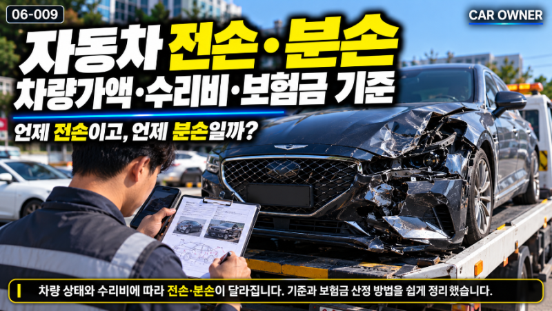 자동차 전손·분손｜차량가액·수리비·보험금 기준 [06-009]
