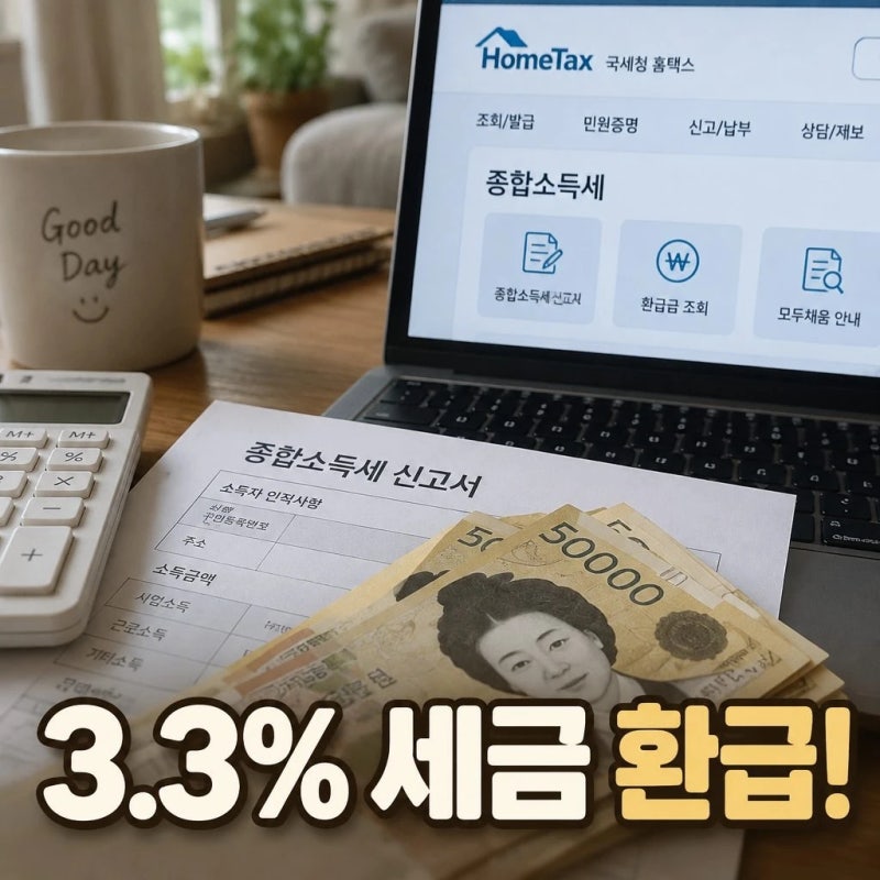 3.3% 세금 무료 환급: 종합소득세 홈택스 자진신고 방법 (수수료 절약)