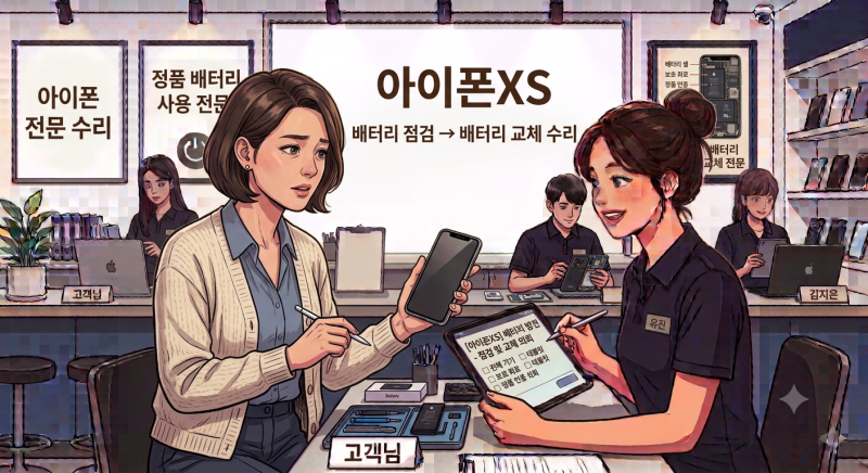 [아이폰당일수리] 아이폰XS 장기 미사용 완전방전, 충전 전압 안 들어오는 증상 KC인증 배터리....