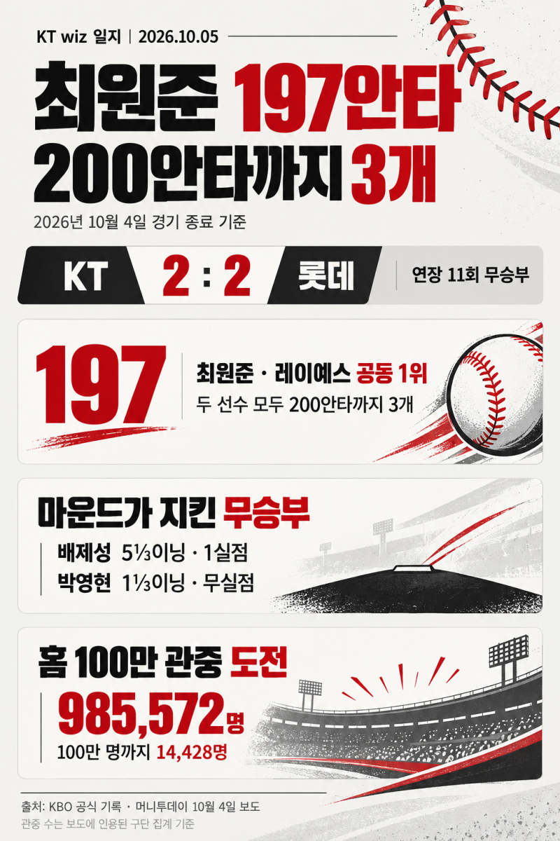 KT wiz 최원준 197안타, 200안타까지 3개｜10월 5일 일지