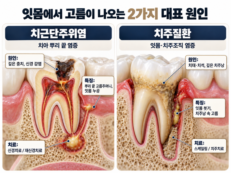 잇몸에 뾰루지처럼 고름이 생겼다면? 치아뿌리염증과 치주질환의 차이와 치료(강동구 재신....