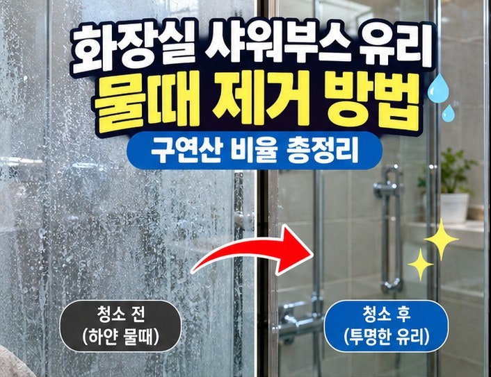 화장실 샤워부스 유리 물때 제거 방법 및 구연산 비율 총정리 (하얀 석회 청소 꿀팁)