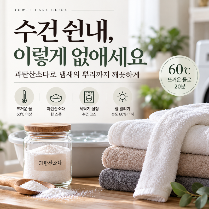 수건 냄새 제거, 쉰내 나는 수건 60도 물에 20분 담그는 법
