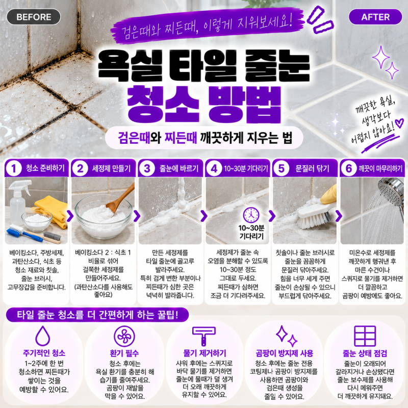 욕실 타일 줄눈 청소 방법｜검은때와 찌든때 깨끗하게 지우는 법