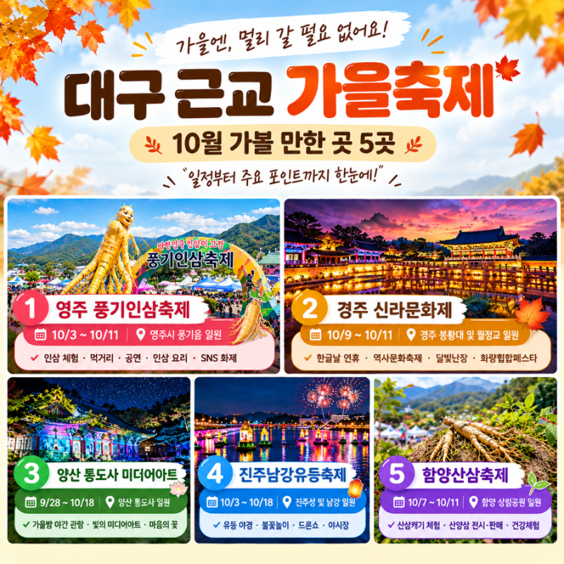 대구 근교 가을 축제 10월 가볼 만한 곳 5곳 일정 총정리 한글날 연휴