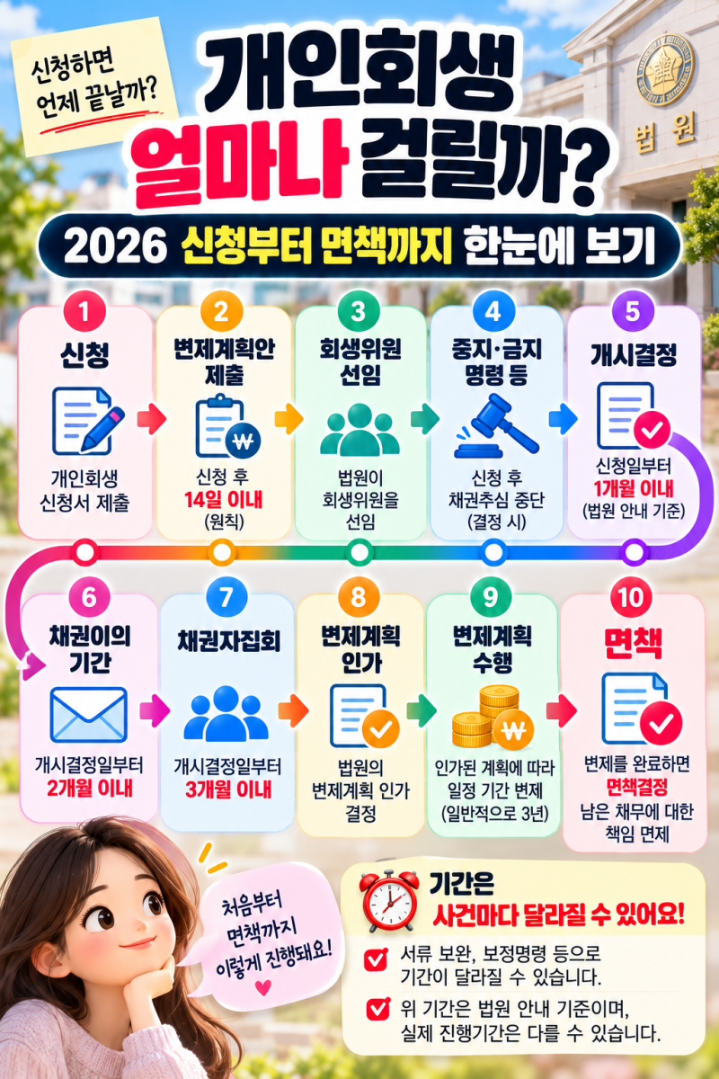 개인회생 기간 얼마나 걸릴까? 2026 신청부터 면책까지 절차 총정리