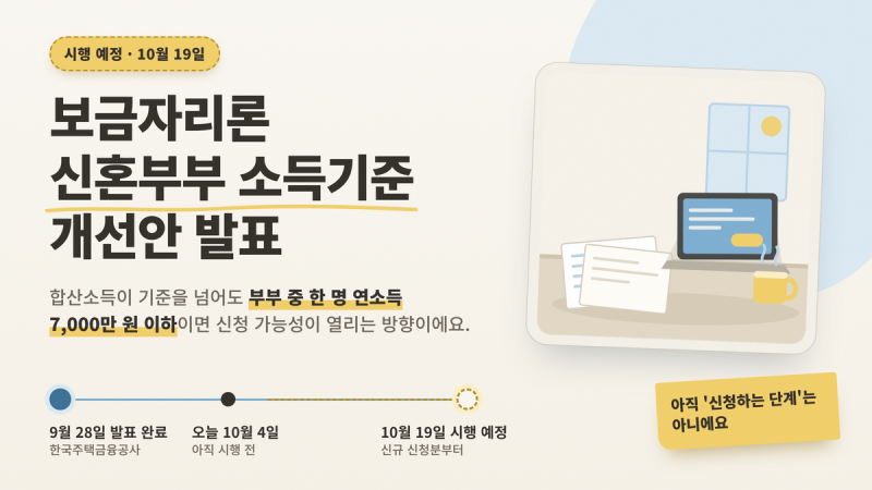 보금자리론 신혼부부 소득기준 완화, 10월 19일 시행 예정