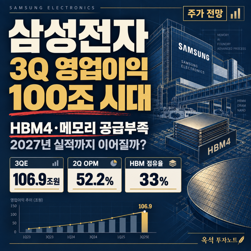 삼성전자(005930) 주가: 3분기 영업이익 100조 전망, HBM4·메모리 공급부족이 2027년 실적까지 이....