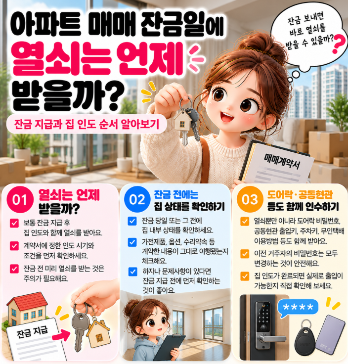 아파트 매매 잔금일에 열쇠는 언제 받을까? | 잔금 지급과 집 인도 순서 알아보기
