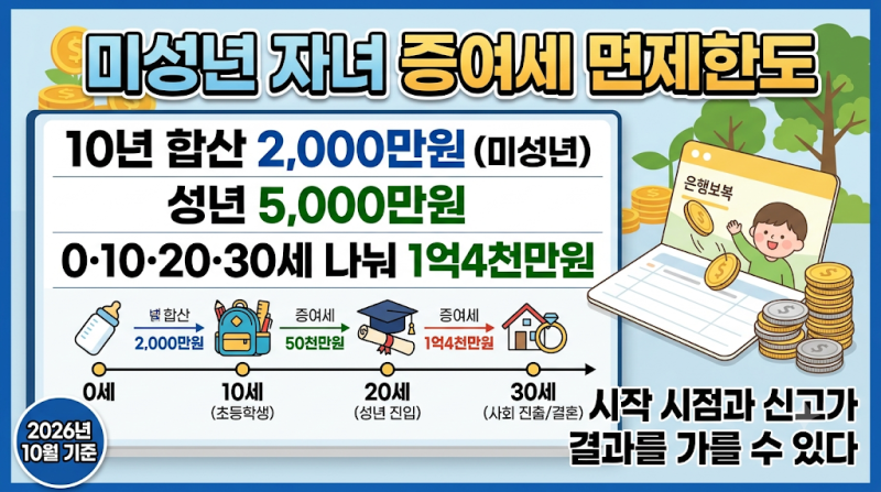 2026 미성년 자녀 증여세 면제한도, 2천만원 10년 합산 계산법