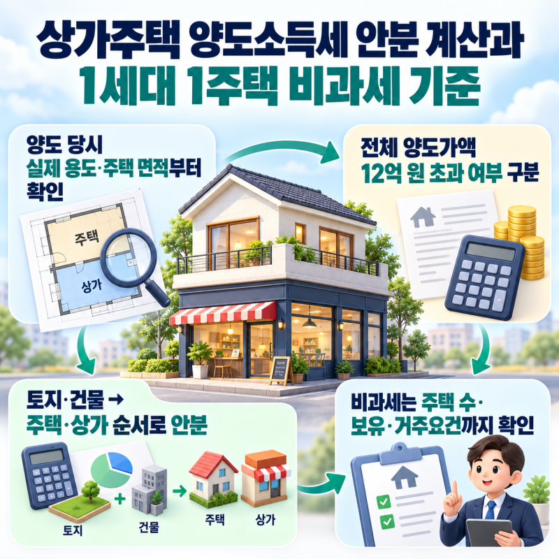 상가주택 양도소득세 안분 계산과 1세대 1주택 비과세 기준