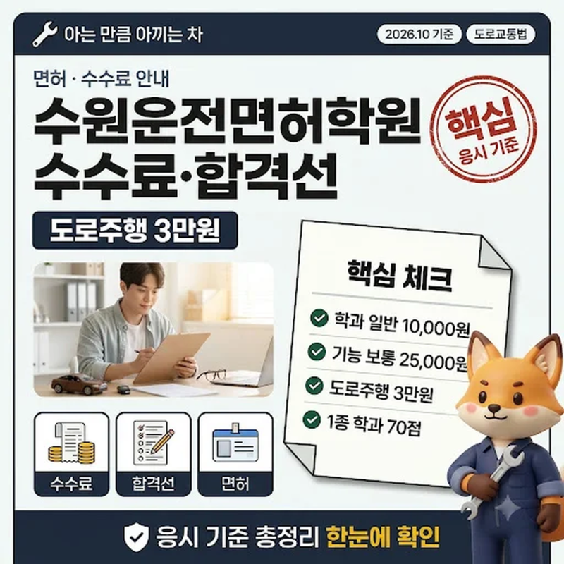 수원운전면허학원 등록 전 수수료와 합격선, 도로주행 3만원 학과 1종 70점