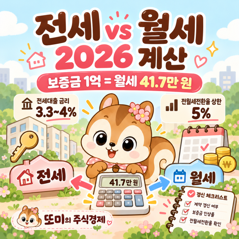 전세 vs 월세 비교 계산: 전세대출 금리 3.3~4%, 전월세전환율 상한 5%, 보증금 1억을 월세로 바....