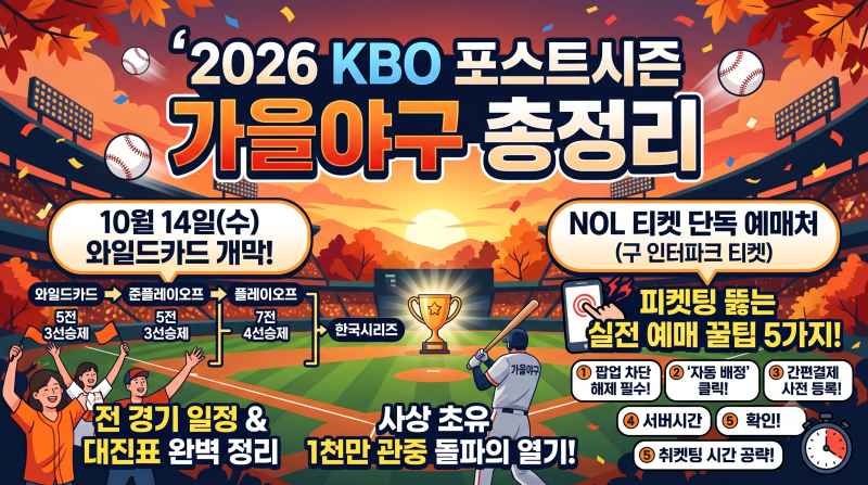 2026 KBO 포스트시즌 일정 확정! 와일드카드 10월 14일 개막 (대진표·예매 팁)