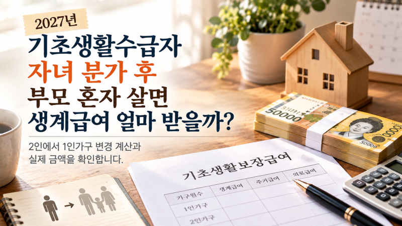 2027년 기초생활수급자 자녀 분가 후 부모 혼자 살면 생계급여 얼마 받을까?｜2인에서 1인가구....