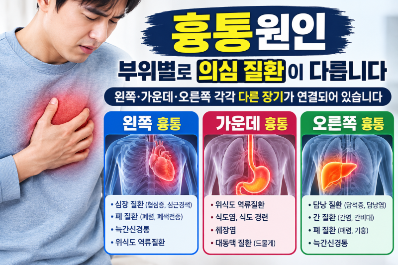 흉통원인, 부위별로 의심 질환이 다릅니다 — 왼쪽·가운데·오른쪽 각각 다른 장기가 연결되....
