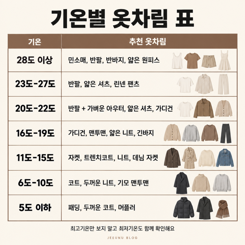 기온별 옷차림 총정리, 5도 10도 15도 20도 25도 오늘 뭐 입지?