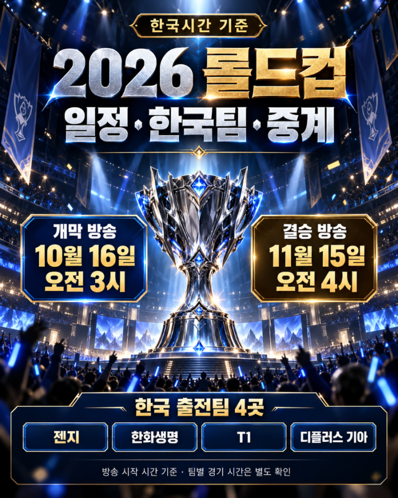 2026 롤드컵 일정 한국시간｜10월 16일 개막·한국팀 4곳·치지직 중계 안내