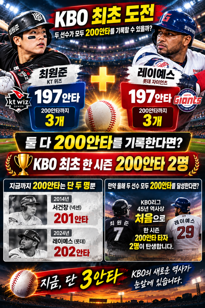 ⚾ 단 3안타 남았다… 최원준 vs 레이예스, KBO 최초 ‘동시 200안타’ 나오나?