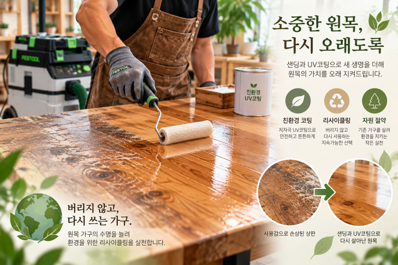대전 원목식탁 복원, 끈적이고 긁힌 식탁도 UV코팅으로 다시 사용할 수 있을까요?