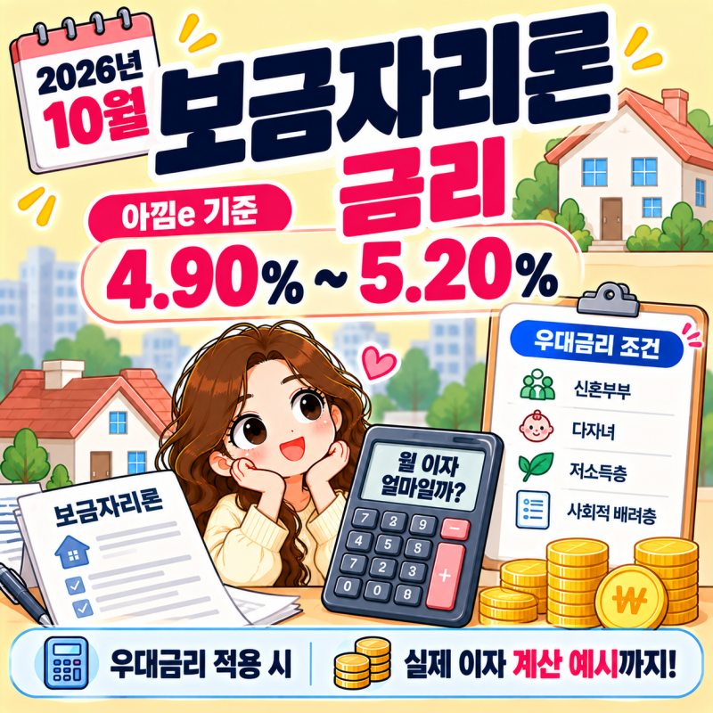 보금자리론 2026년 10월 금리｜아낌e 4.90~5.20%, 우대금리와 실제 이자 계산