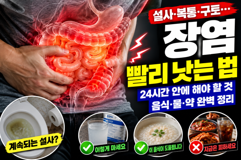 장염 증상 빨리 낫는 법｜설사 멈추려고 굶지 마세요, 첫 24시간 수분·음식·지사제 순서