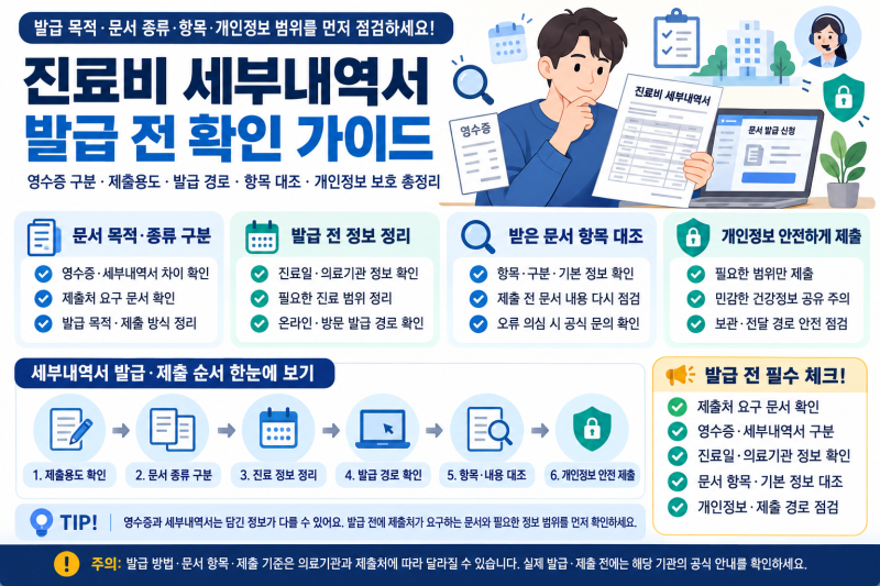 국민건강보험 진료비 세부내역서 발급 전 확인할 것｜병원비 항목·제출용도·개인정보 점검