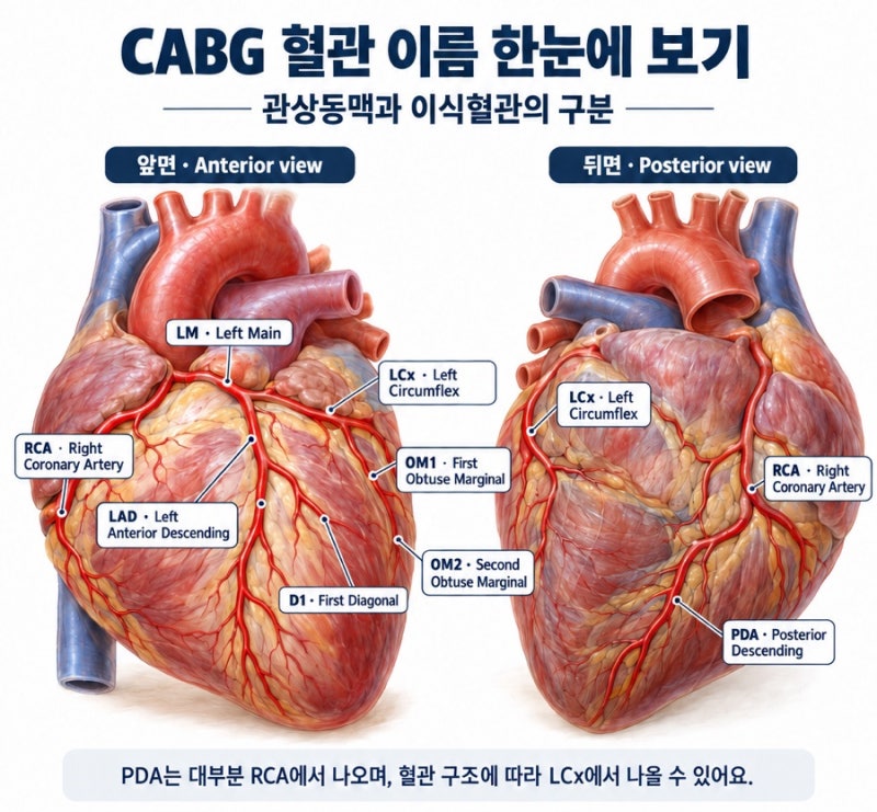 CABG, PCI 차이, 관상동맥우회술 수술 혈관 LAD, PDA, LIMA, RCA, LCX, OM1,2 정리