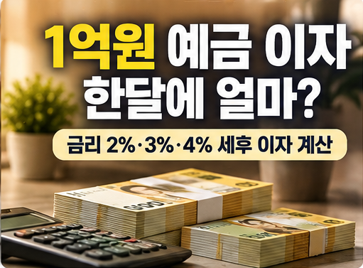 1억원 예금 이자 한달에 얼마｜금리 2%·3%·4% 세후 이자 계산