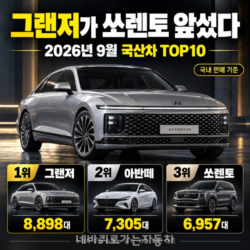 "그랜저가 쏘렌토 잡았다! 2026년 9월 국산차 판매순위 TOP10"