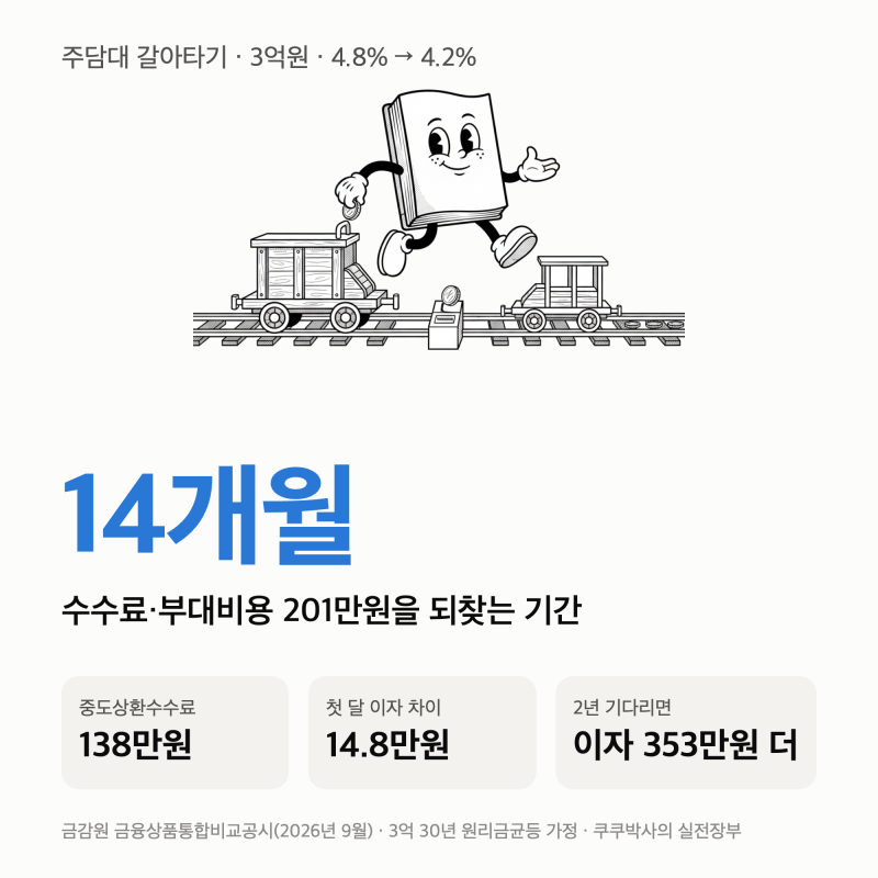 주담대 갈아타기 중도상환수수료 — 3억·0.6%p 차이면 14개월에 본전, 기다리면 손해입니다