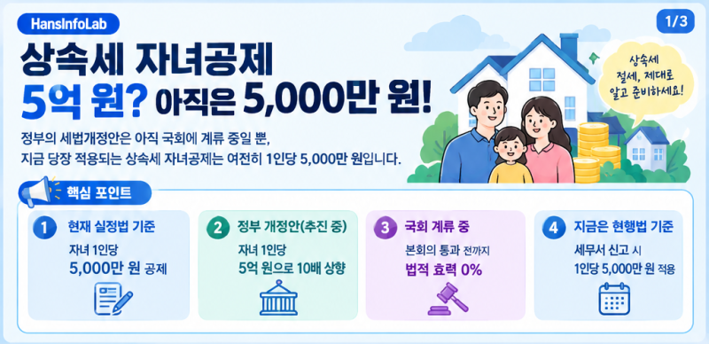 상속세 자녀공제 5천만 원 vs 5억 원, 지금 적용되는 금액은? 국회 세법개정안과 일괄공제 팩....