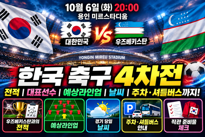 한국 우즈베키스탄 축구 친선전 4차전｜10월 6일 일정·예상 라인업·용인 미르스타디움 주차....