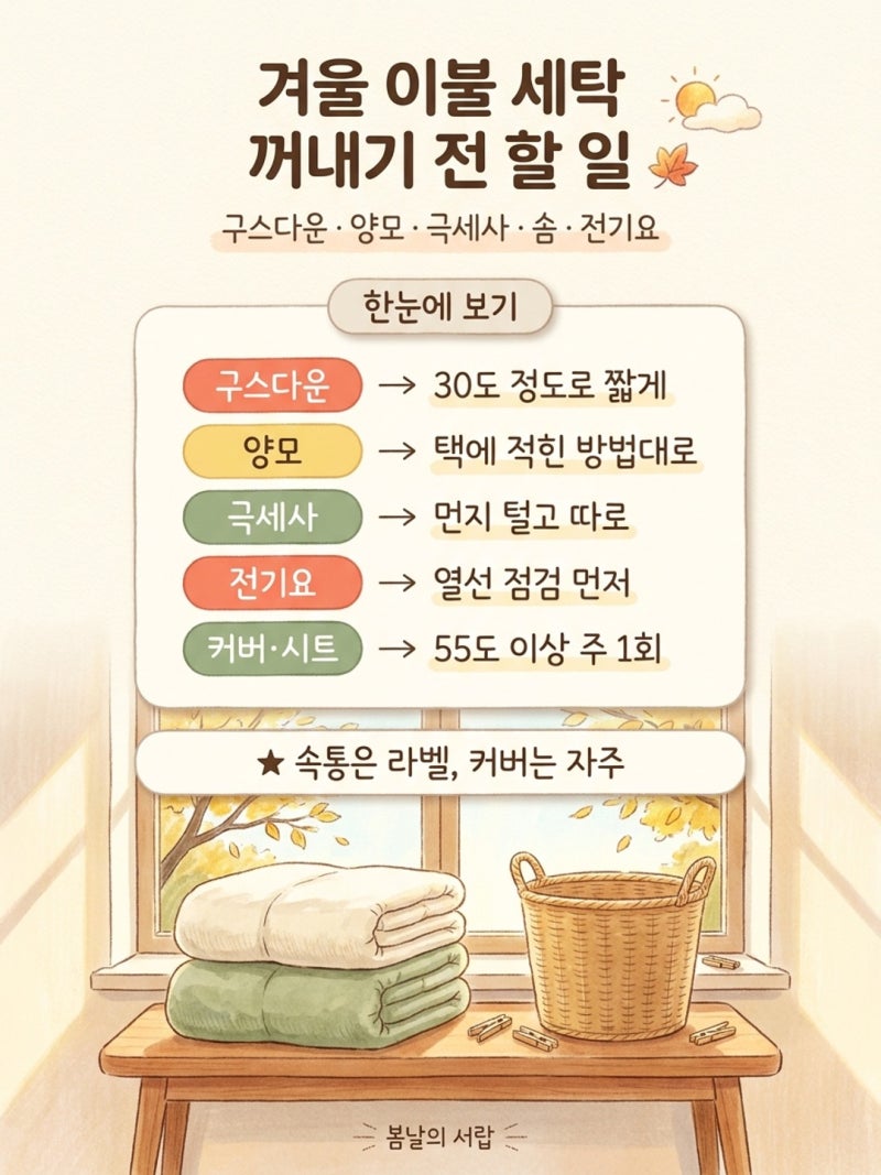 겨울 이불 세탁, 꺼내서 바로 덮어도 될까?｜구스다운·극세사·양모·전기요 세탁법