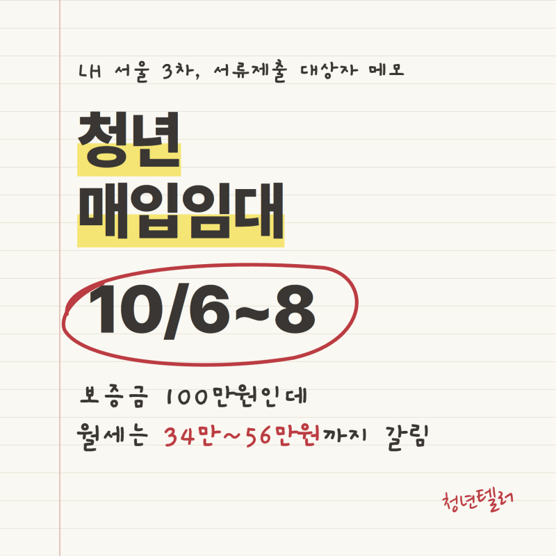 청년 매입임대 서류제출 10월 6~8일, 서울 3차 보증금 100만원 월세 직접 계산 (강남 56만 vs 강동....