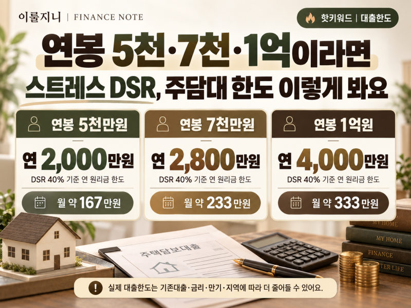 연봉 5천·7천·1억이라면 스트레스 DSR은 어떻게 볼까? 주담대 한도 계산 흐름 정리