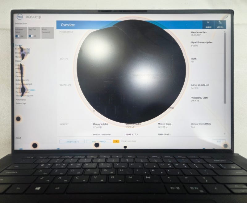 Dell Precision 5560 델 프리시전 전문가용 작업용 노트북 화면 중앙 검은점 분당, 액정 수로 해결....
