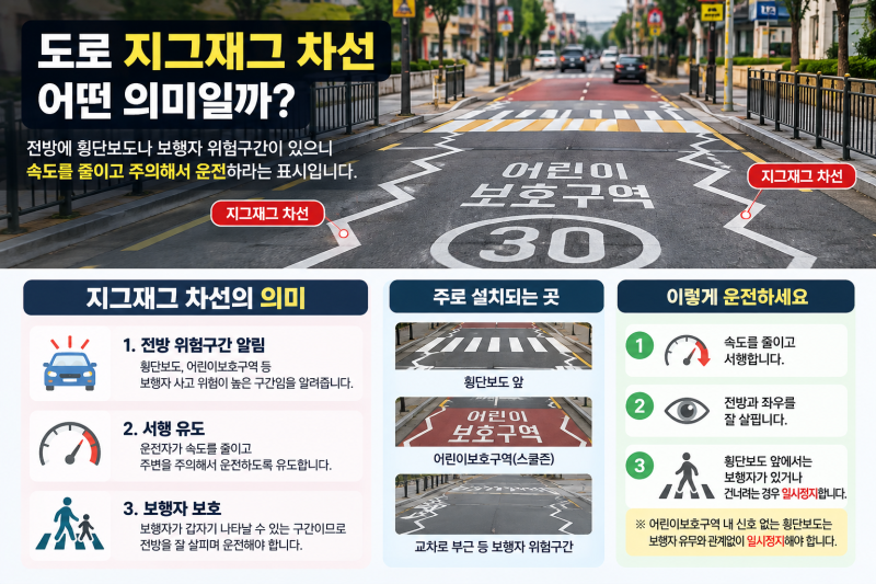 도로 지그재그 차선 의미, 횡단보도 앞에서 보이면 어떻게 운전해야 할까?
