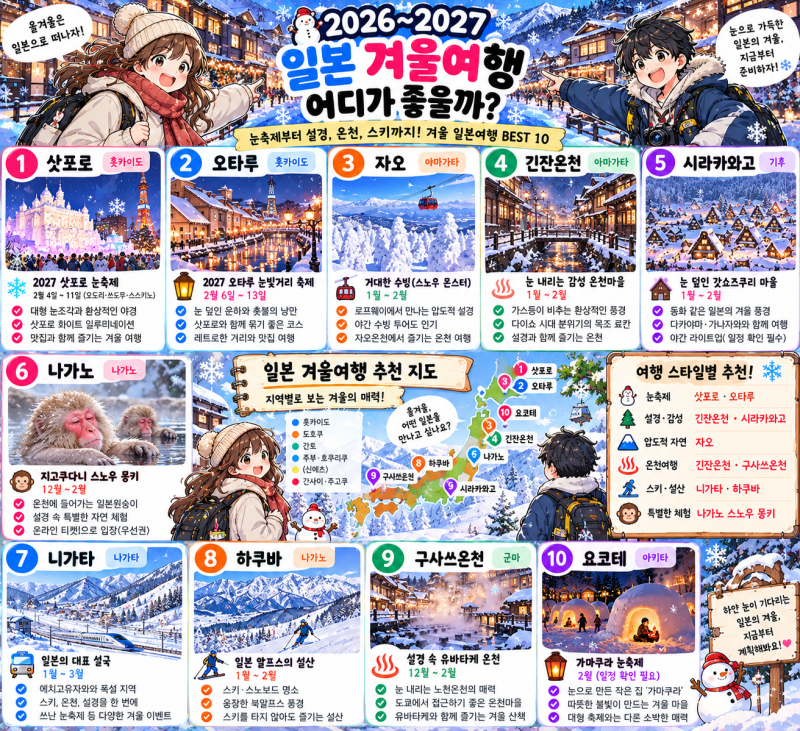 2026~2027 일본 겨울여행 어디가 좋을까?삿포로 눈축제부터 자오 수빙·긴잔온천·시라카와고까....