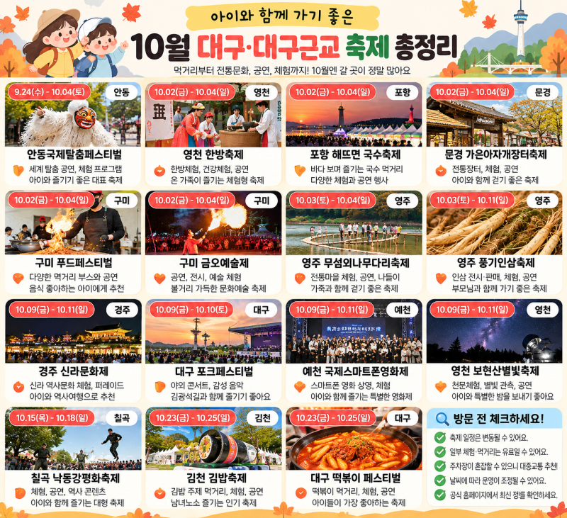 10월 아이와 어디 가지? 대구·대구근교 축제 총정리, 매주 갈 곳이 넘친다