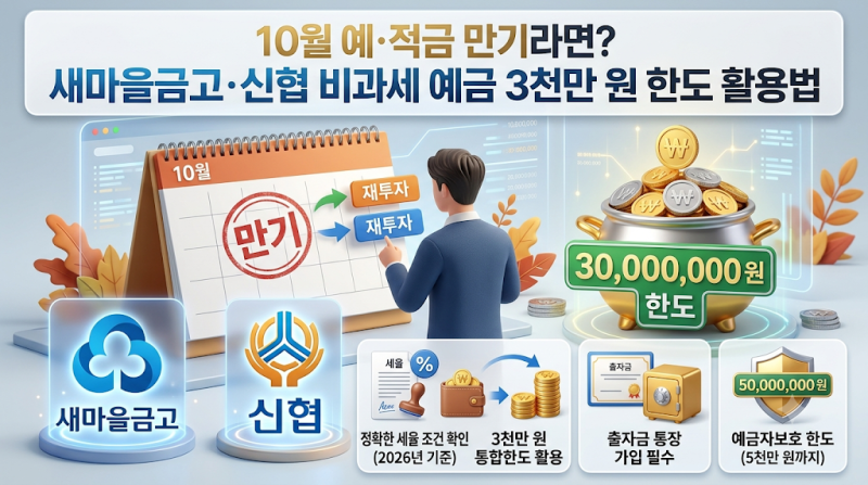 10월 예·적금 만기라면? 새마을금고·신협 비과세 예금 3천만 원 한도 활용법