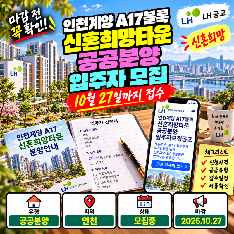 인천계양 A17블록 신혼희망타운 공공분양 본청약 일정·신청조건 정리
