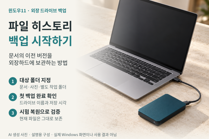 윈도우11 파일 히스토리 백업 설정, 외장하드에 문서 자동 보관하기