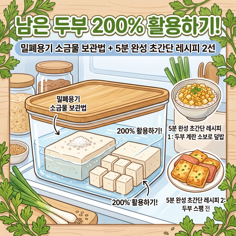 남은 두부 보관법: 밀폐용기와 소금물로 2주 동안 신선하게 장기 보관하는 꿀팁