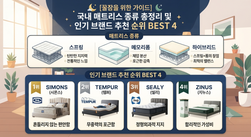 [꿀잠을 위한 가이드] 국내 매트리스 종류 총정리 및 인기 브랜드 추천 순위 BEST 4