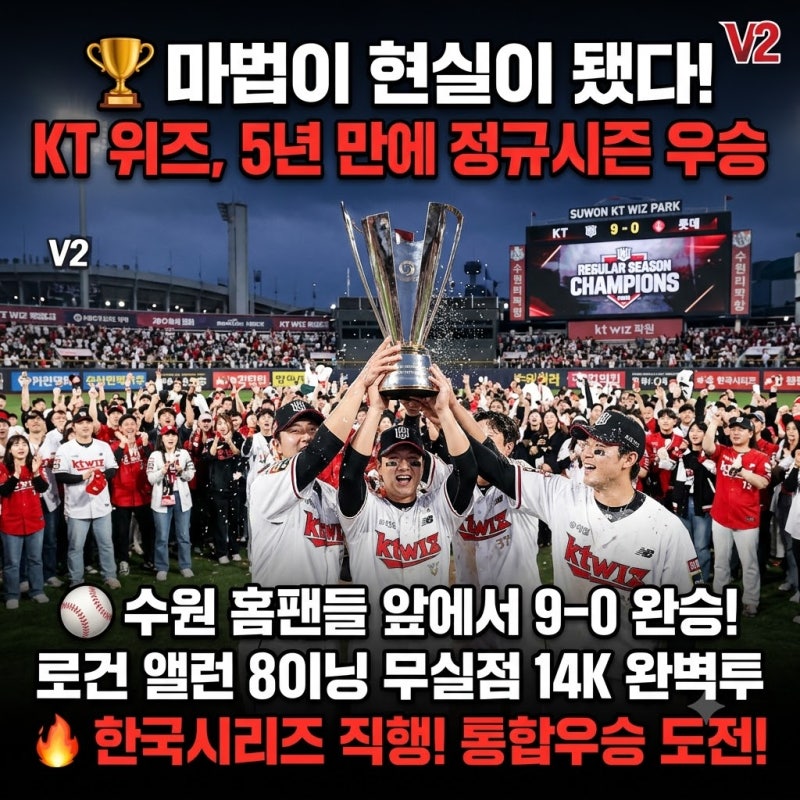 “마법이 현실이 됐다” KT 위즈, 5년 만에 정규시즌 우승…한국시리즈 직행