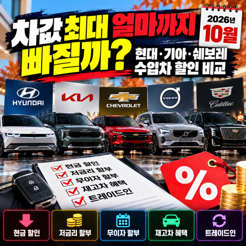 “차값 최대 얼마까지 빠질까?” 2026년 10월 현대·기아·쉐보레·수입차 할인 비교